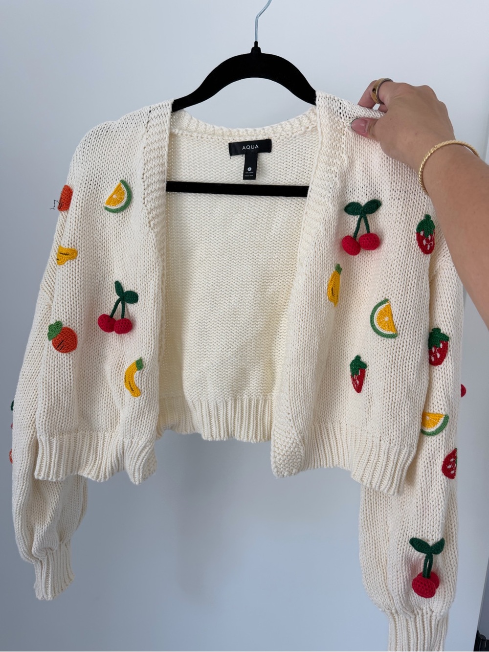 Aqua Cream Open-Front Cardigan with Fruit Embroidery